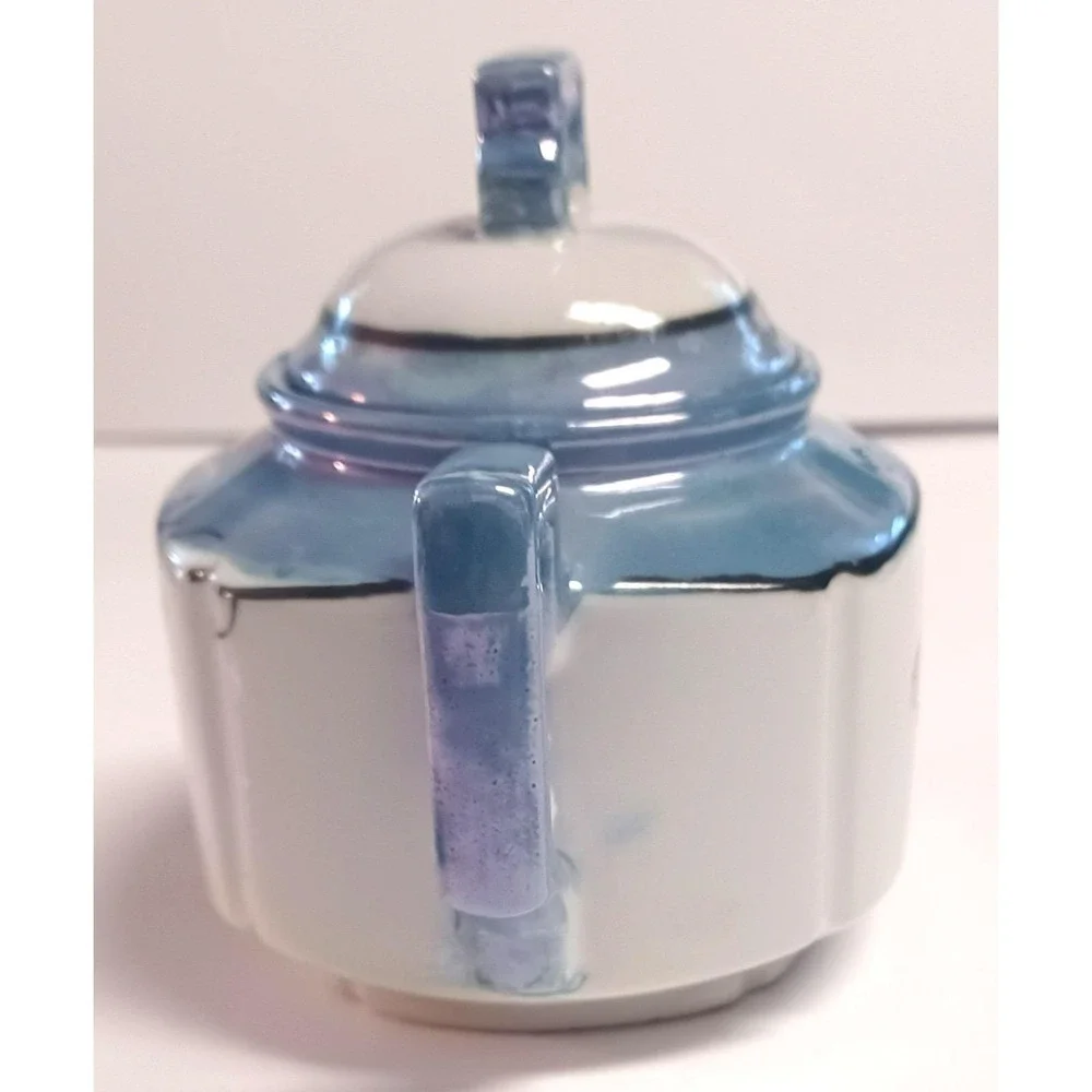 Vintage Japanese Lusterware Covered Sugar Bowl Hand Painted Orange Floral Blue